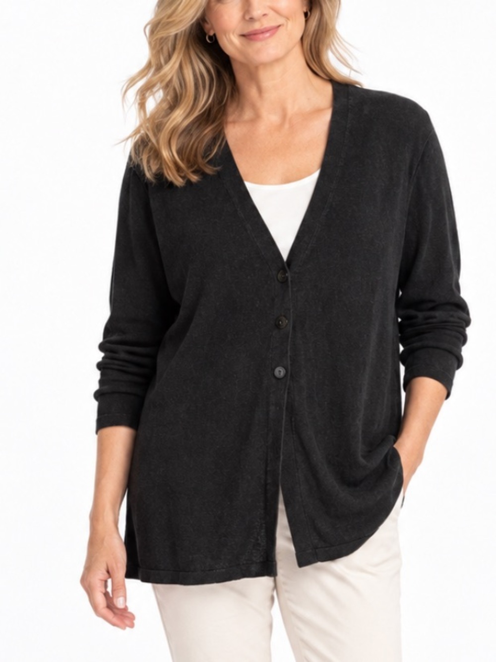 J. Jill Linen Rayon Knit Washed Black 3 Button Cardigan Relaxed Minimalist Sz XL